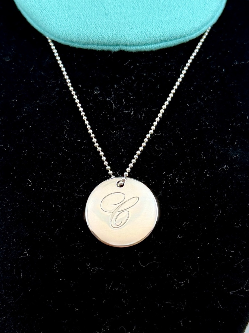 TIFFANY & CO. Sterling Silver Notes Alphabet Initial C Disc Pendant Necklace COA